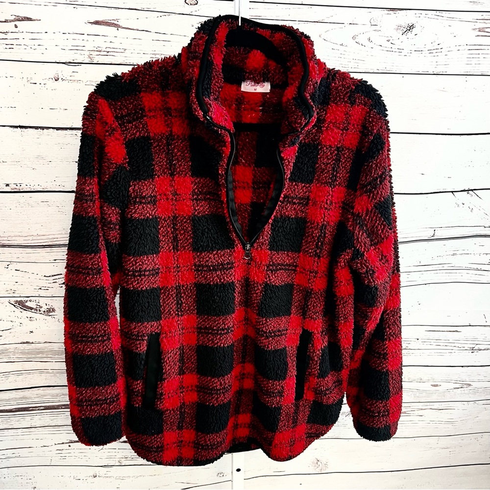 Pink Lily Red and Black Buffalo Plaid Fleece Jacket 3/4 Zip